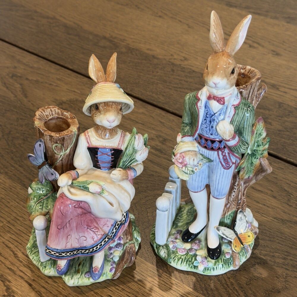 Fitz & Floyd Classics Old World Rabbits Lady & Gentleman Candle Holders Set of 2